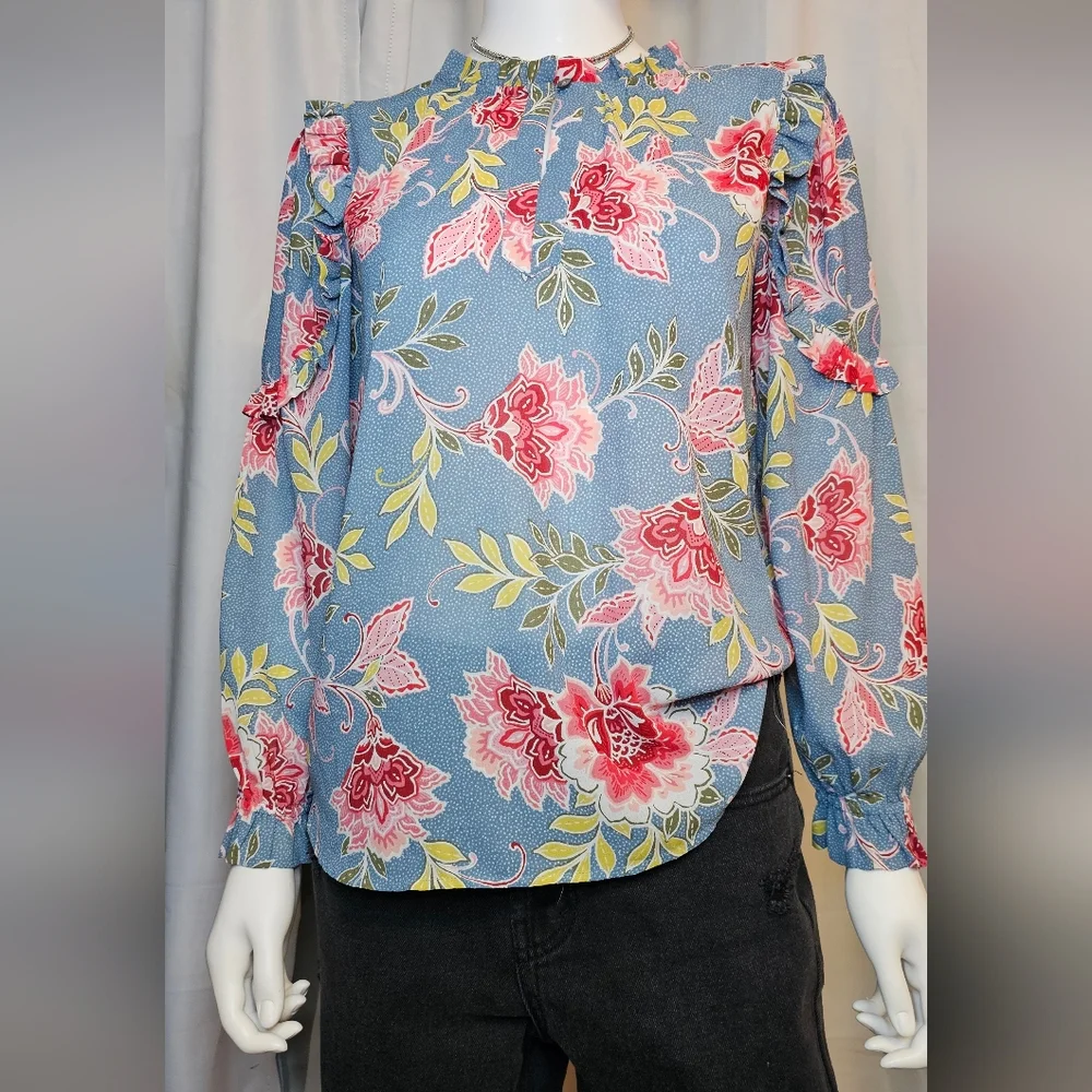 LOFT Blue and Red Floral Blouse - Picture 3 of 9